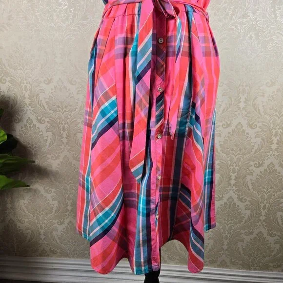 Tommy Hilfiger Size Large Pink Plaid Shirt Dress Button Front Sleevless Cotton - Picture 3 of 12